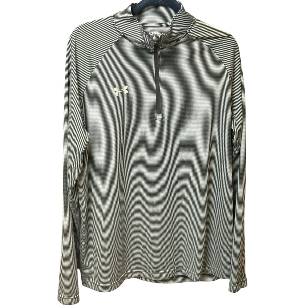 Under Armour Mens XL Black Gray Striped Loose Pullover 1/4 Zip Heat Gear
